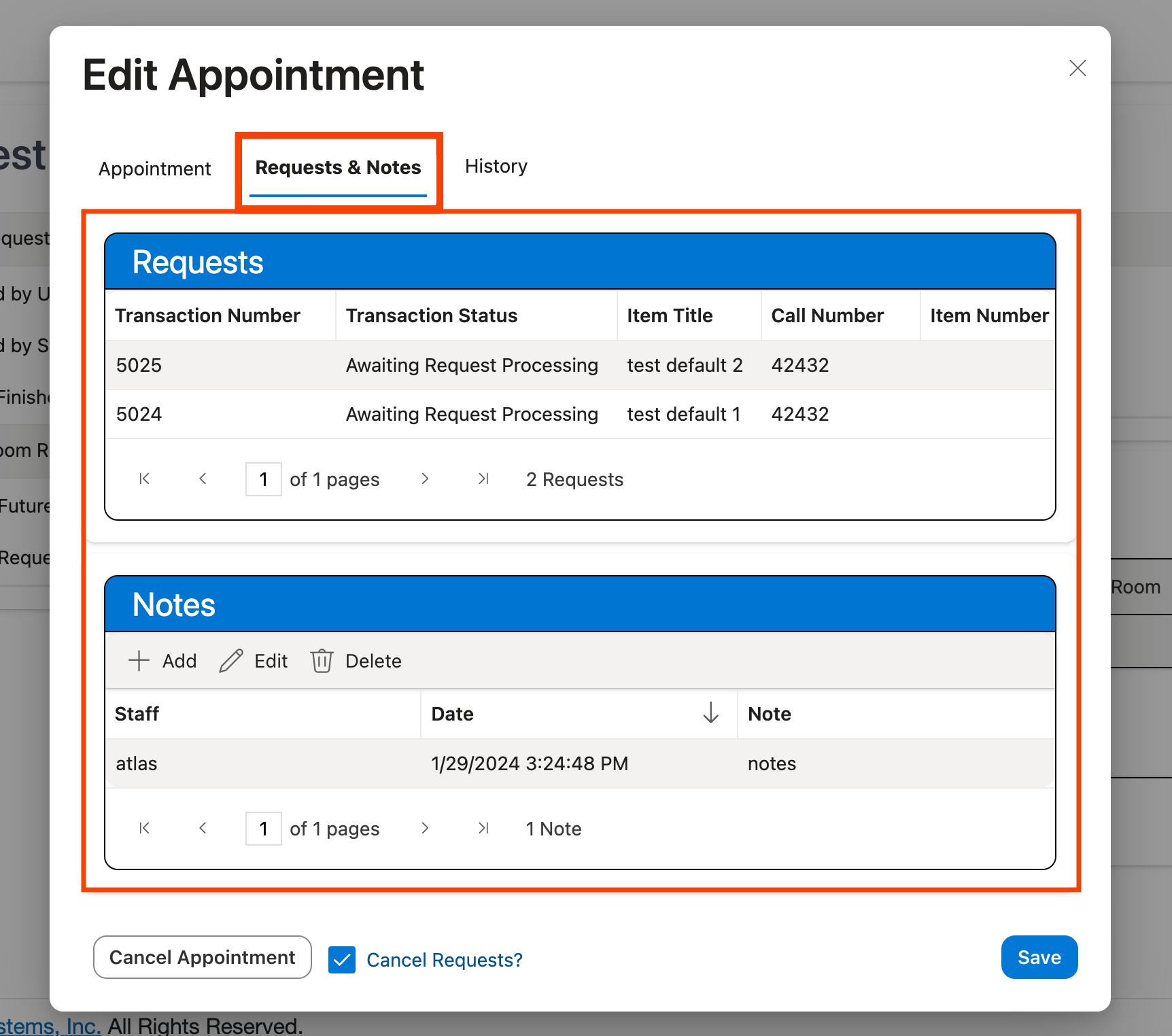 Appointment form with Requests and Notes tab displayed